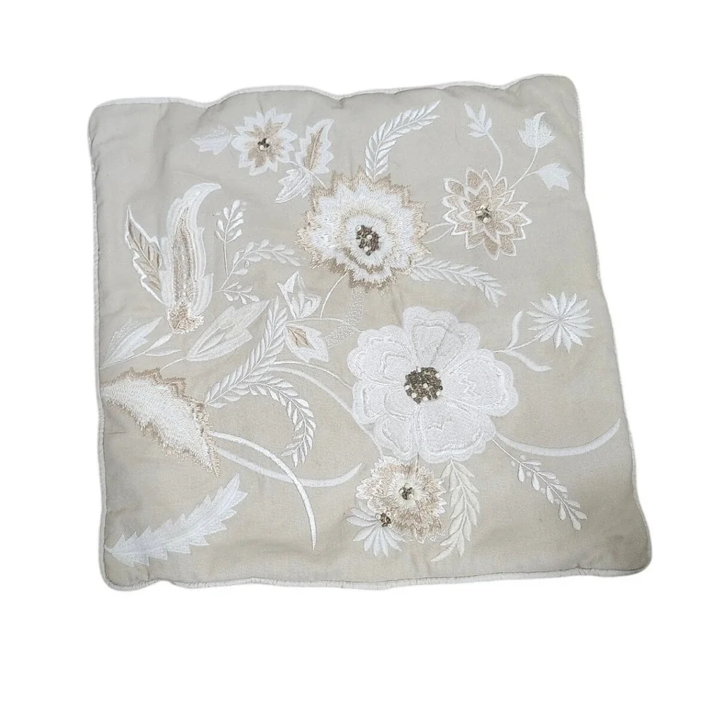 Pier‎ 1 Imports Floral Embroidered Beaded Throw Pillow Cover Ivory Square
